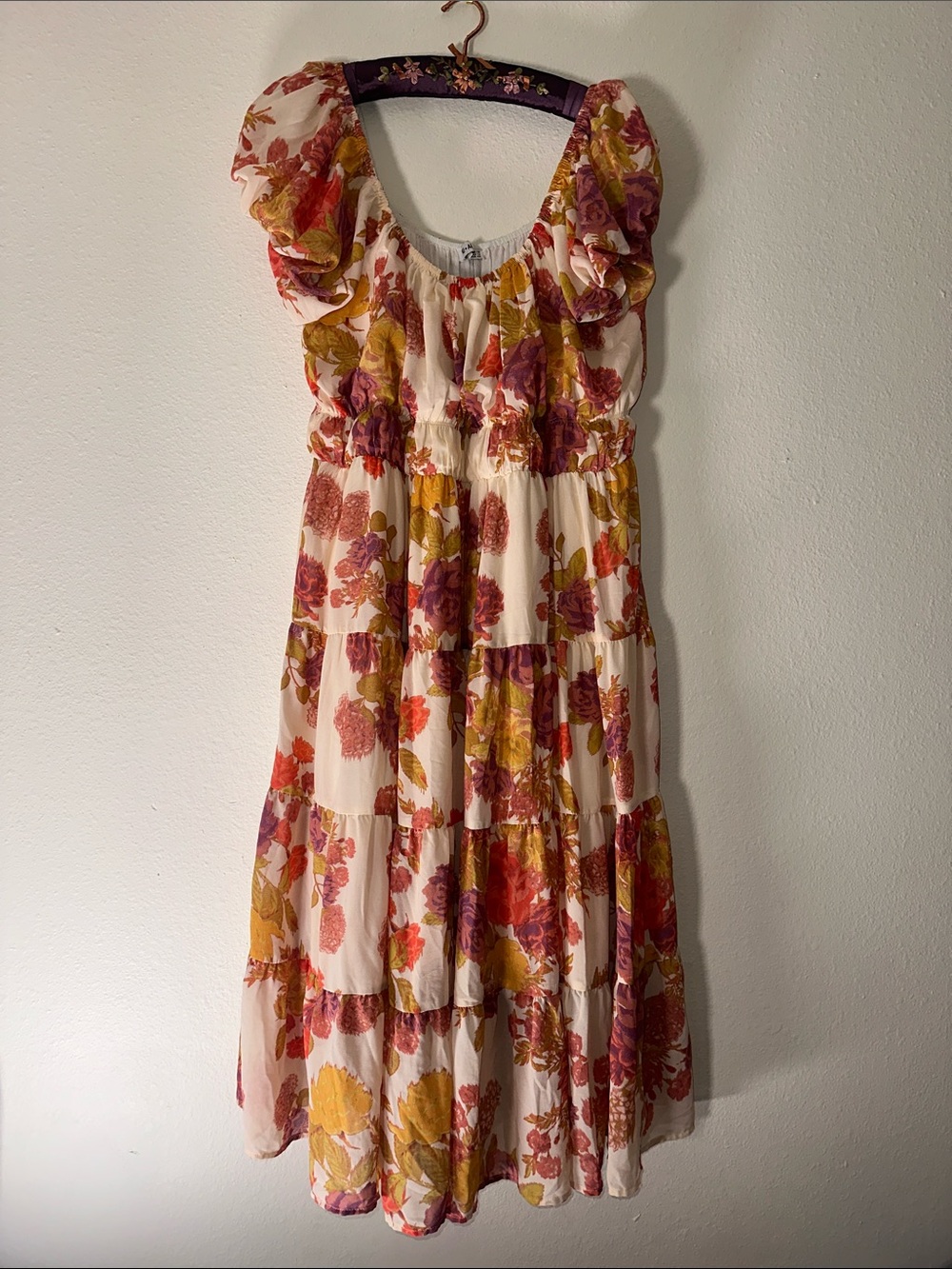 Tiered Midi Dress in Cream with Pink & Yellow Floral Print
